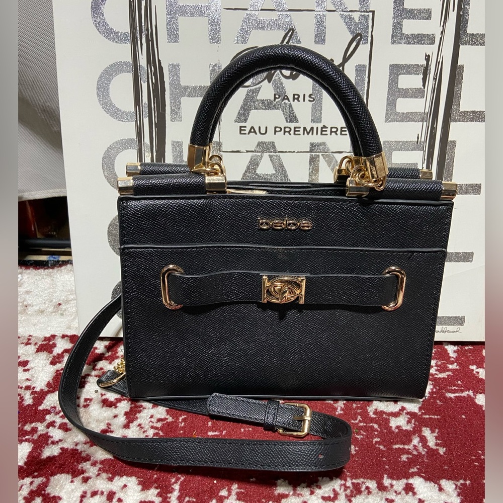 Bebe Black Belted Mini-bag. Gold Tone Hardware. Top Handle and Crossbody